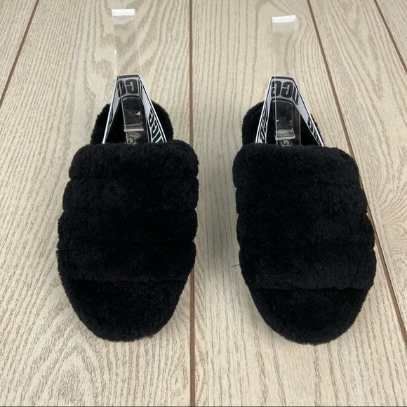 UGG Fluff Yeah Logo Slide Sandal Slipper US6 Black & White $100 - Picture 2 of 9